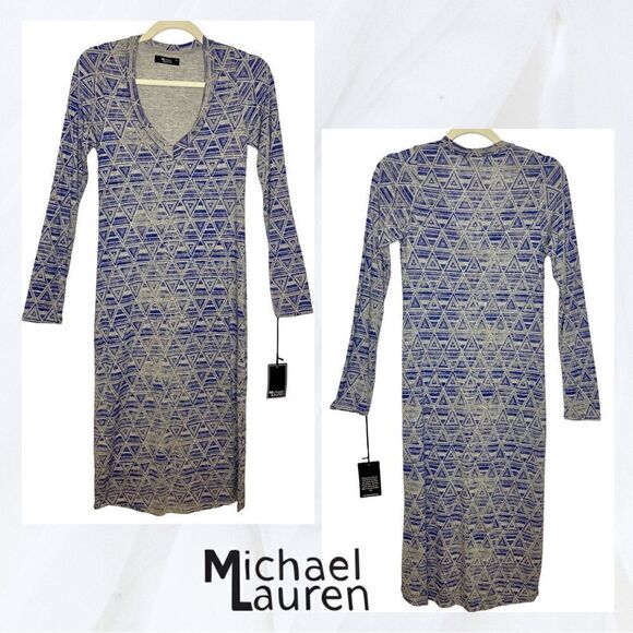 NWT Michael Lauren Heather Blue-Grey Triangle Print Long Sleeve Tea Length Dress - Picture 1 of 8